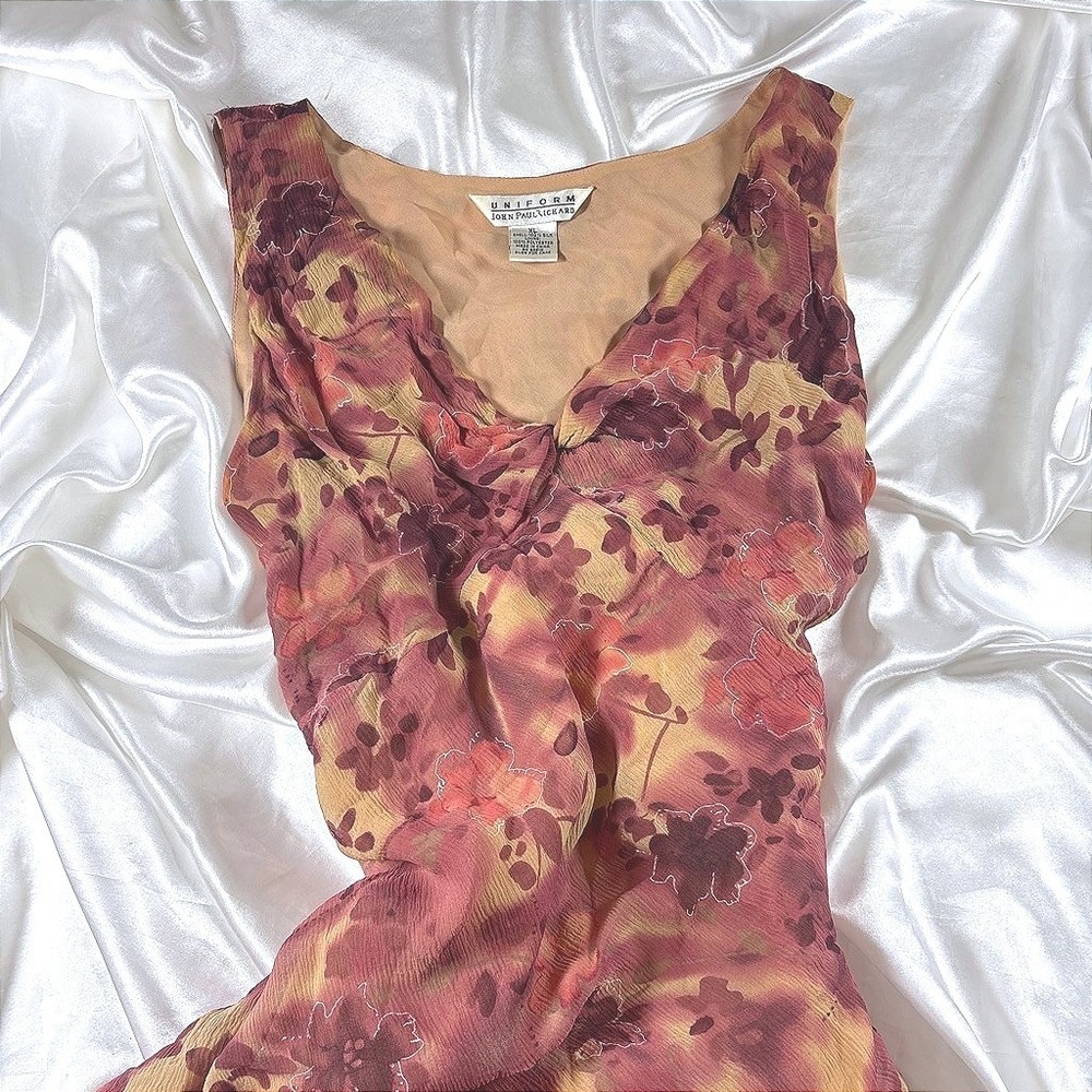 Vintage Maxi Dress Burgundy Excellent Silk Floral V-Neck Ruffle Hem XL